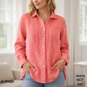 Malvin I Love Linen Coral Linen Button Front‎ Shirt Women L Cottagecore Coastal